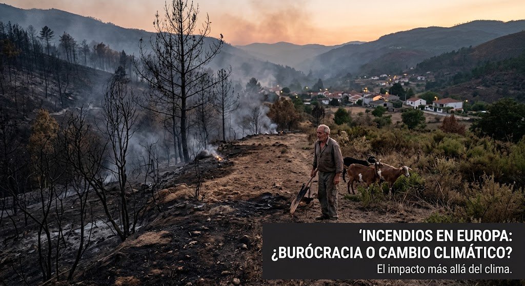 Pastor con ganado caminando por un monte quemado tras un incendio en Europa, mostrando la falta de gestión forestal.