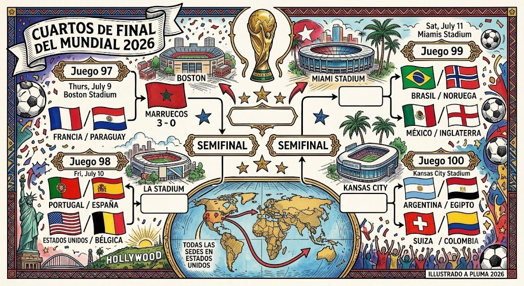 Esquema ilustrado a mano con el cuadro de los cuartos de final del mundial 2026, mostrando los cruces de las selecciones y las sedes en Estados Unidos.