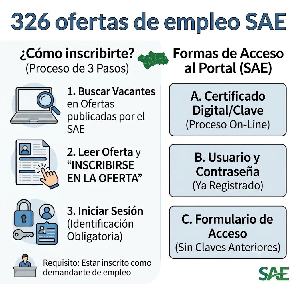 Infografía explicativa titulada "326 ofertas de empleo SAE" que detalla el proceso de inscripción en 3 pasos (buscar vacantes, leer oferta e inscribirse, e iniciar sesión) y las formas de acceso al portal mediante Certificado Digital, usuario y contraseña, o formulario.