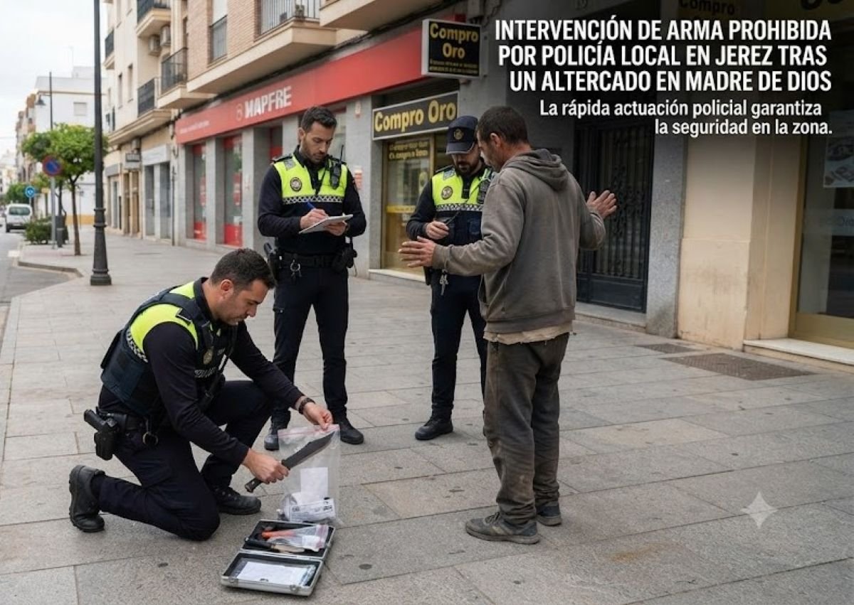 Agentes de la Policía Local de Jerez durante la intervención de un arma prohibida a un individuo en la Plaza Madre de Dios.