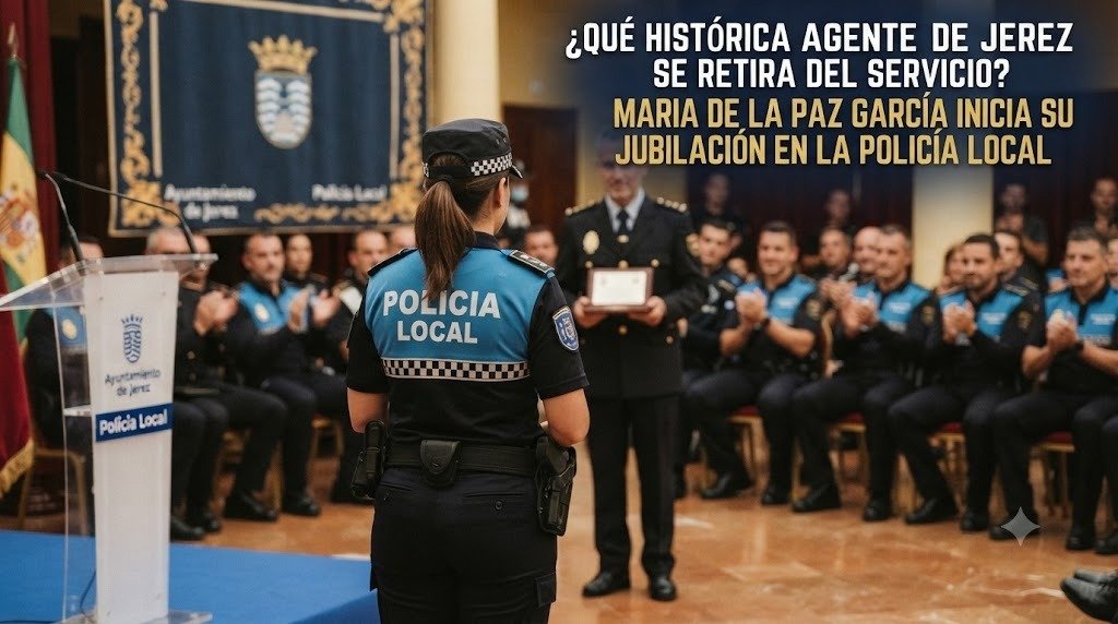 Agente de la Policía Local de Jerez de espalda durante su homenaje de jubilación ante el Jefe de Policía y compañeros aplaudiendo.