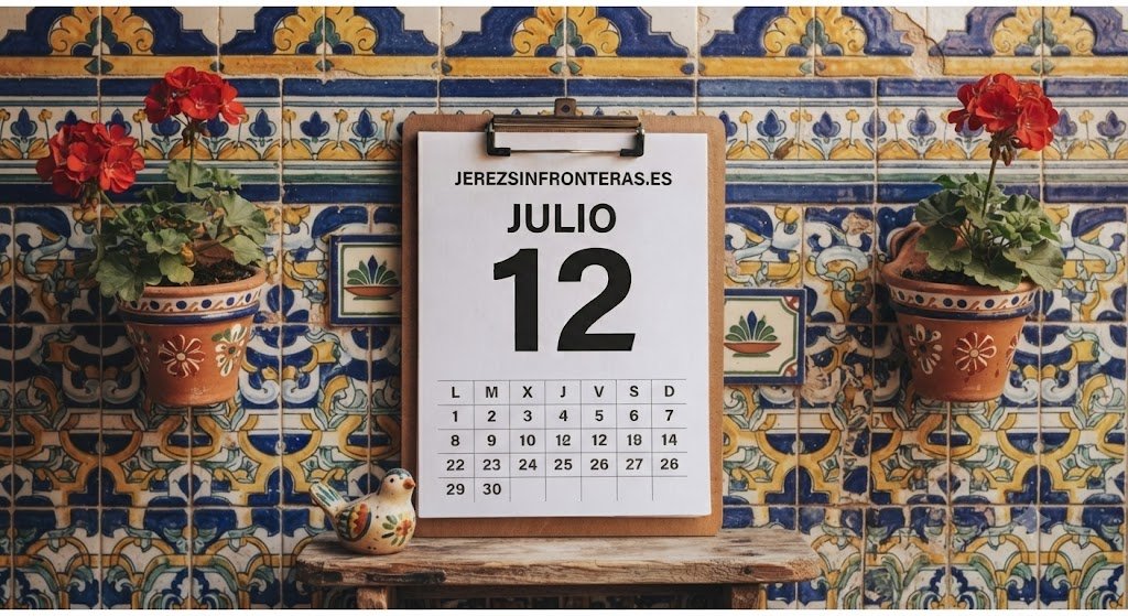 Calendario con el número 12 de julio y el logo de jerezsinfronteras.es colgado sobre una pared decorada con azulejos tradicionales andaluces y macetas con geranios.
