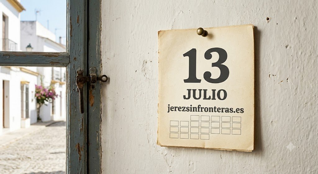 Calendario colgado en una pared con una chincheta que muestra únicamente la fecha 13 de julio y el logotipo de jerezsinfronteras.es, con una ventana al fondo que evoca un entorno andaluz.