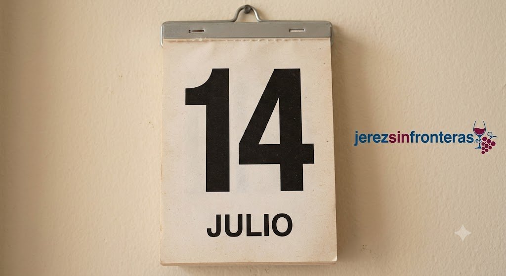 Calendario clásico de pared mostrando el día 14 de julio, con un diseño atemporal sin año ni días de la semana, junto al logotipo de Jerez Sin Fronteras.