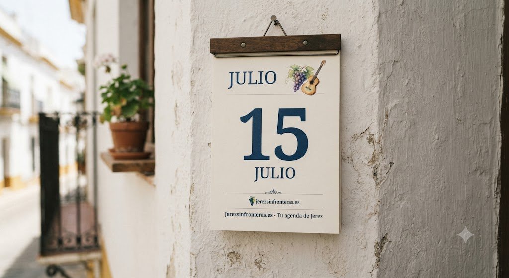 Calendario de pared atemporal que muestra el día 15 de julio, con detalles decorativos de una guitarra y uvas, colgado en una fachada blanca tradicional, con el logotipo y nombre del medio digital Jerezsinfronteras.es.