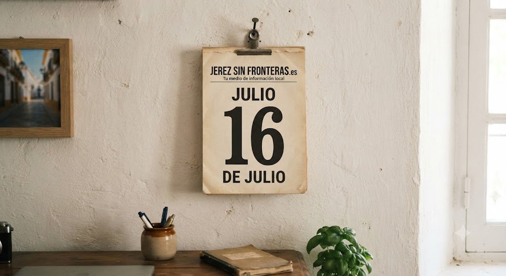 Calendario de pared con estilo vintage que muestra la fecha 16 de julio para el medio Jerez Sin Fronteras, colgado sobre una pared rústica junto a un escritorio con una planta y accesorios de oficina.