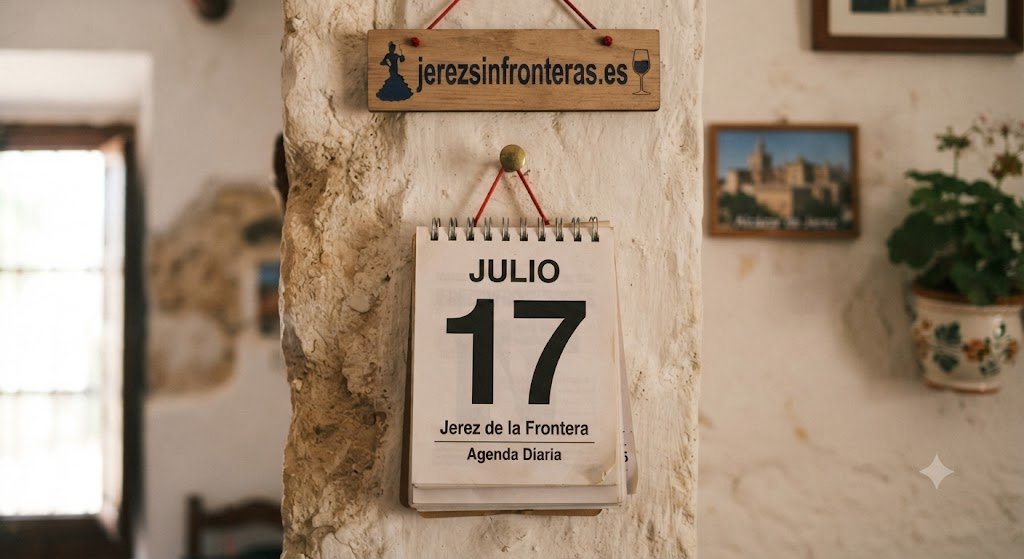 Calendario de pared mostrando la fecha "17 de julio" con el subtítulo "Jerez de la Frontera - Agenda Diaria", colgado en una pared rústica. Sobre el calendario, una placa de madera con el logotipo de jerezsinfronteras.es.