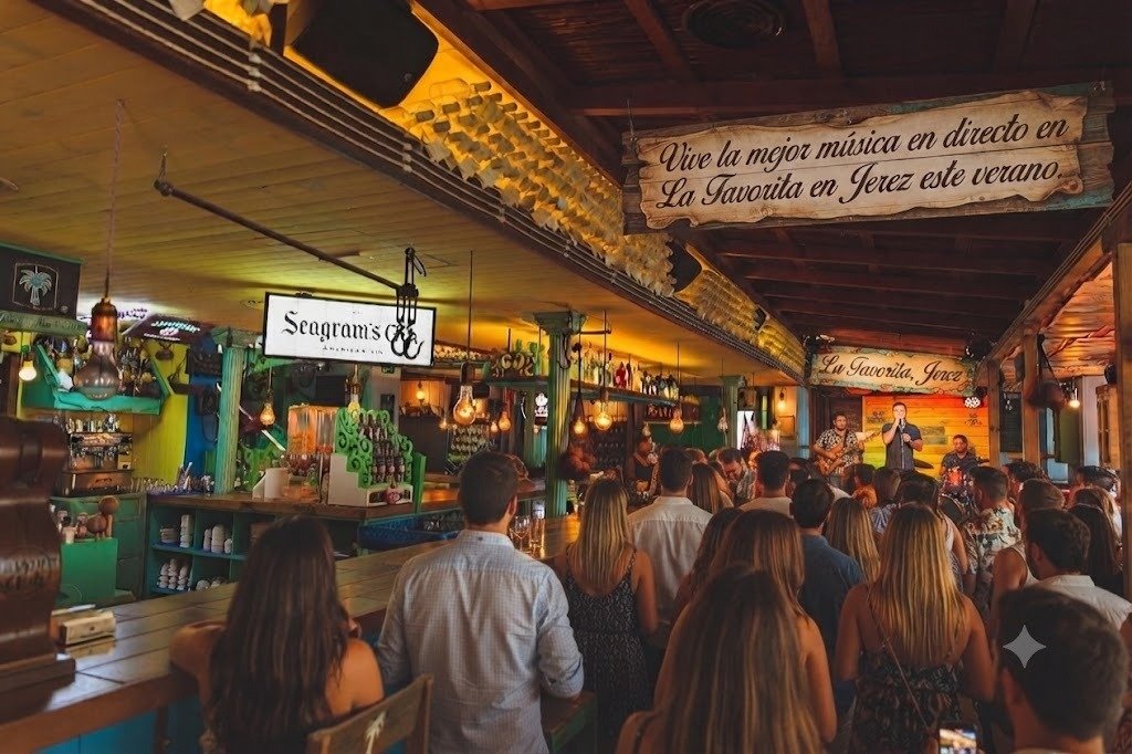Interior concurrido del bar La Favorita en Jerez durante el verano, mostrando gente disfrutando de un concierto de música en directo desde detrás de la barra. Se aprecian las decoraciones tropicales, un cartel de Seagram's Gin y un cartel colgante de madera que dice "Vive la mejor música en directo en La Favorita en Jerez este verano".