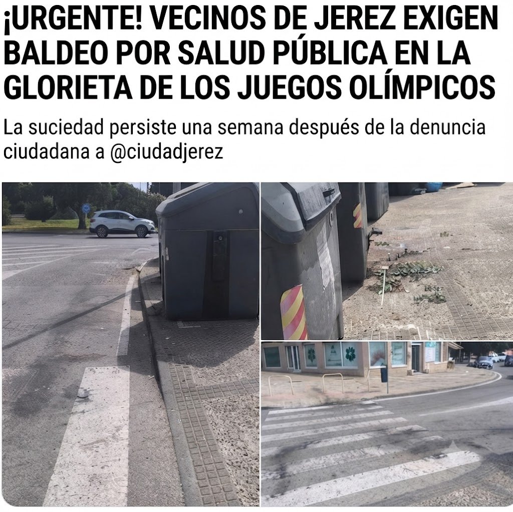 Contenedores de basura y acera sucia en la Glorieta de los Juegos Olímpicos de Jerez, que requieren baldeo urgente por motivos de salud pública.