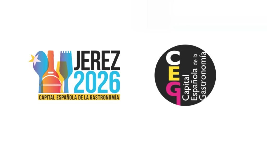 Logotipo oficial de Jerez 2026 Capital Española de la Gastronomía, que muestra siluetas de cubiertos y una botella con colores degradados, junto al sello circular oficial de la CEG en tonos negros, blancos y magentas sobre un fondo limpio.