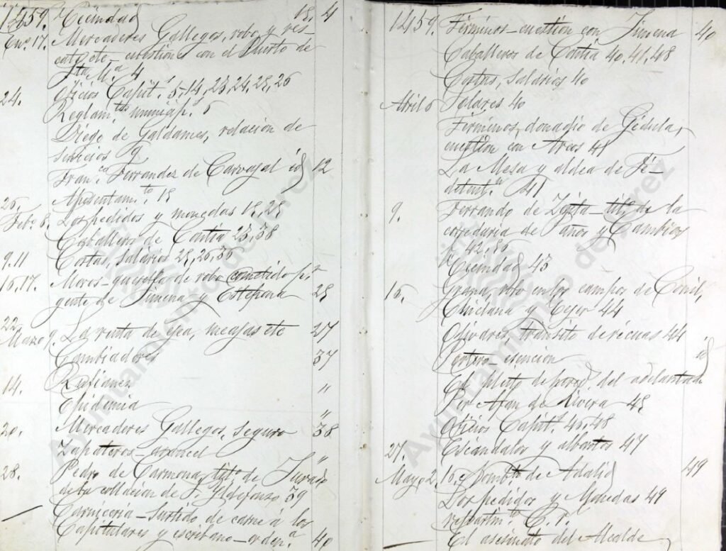 Detalle del manuscrito antiguo de 1884 en el que se lee el año 1459 y el registro cronológico de acuerdos capitulares en Jerez de la Frontera.