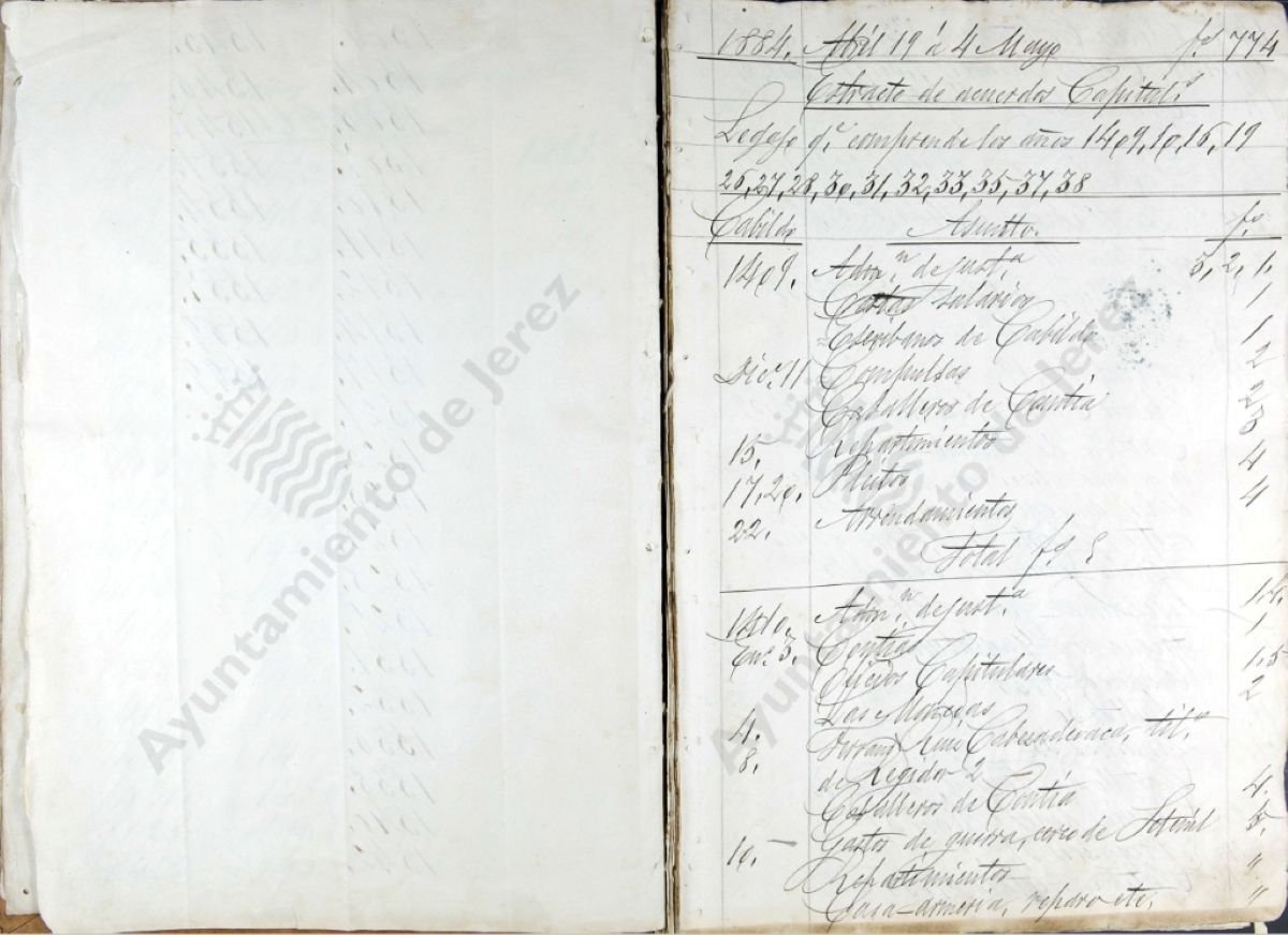 Manuscrito antiguo del Archivo Municipal de Jerez de la Frontera fechado en mayo de 1884 con registros capitulares medievales.