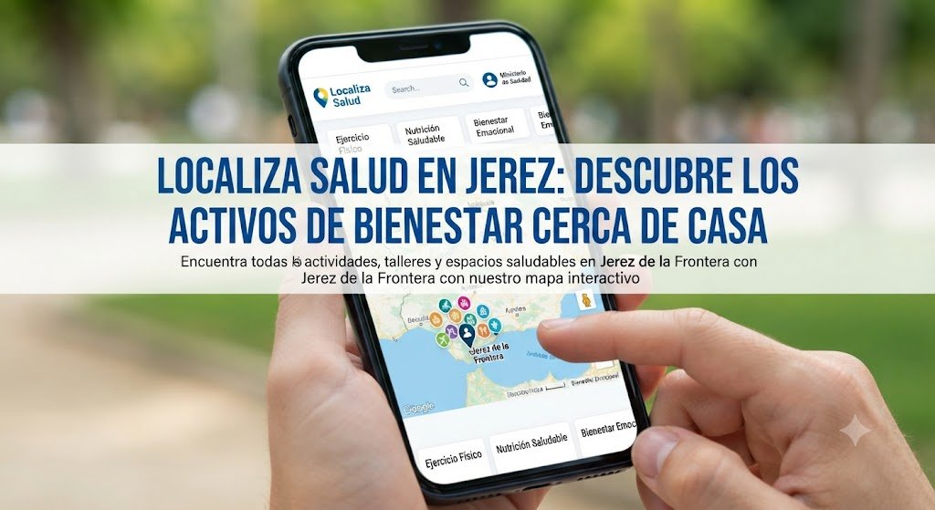 Pantalla de teléfono móvil mostrando el mapa interactivo de la plataforma 'Localiza Salud' centrado en Jerez de la Frontera, con un titular superpuesto.