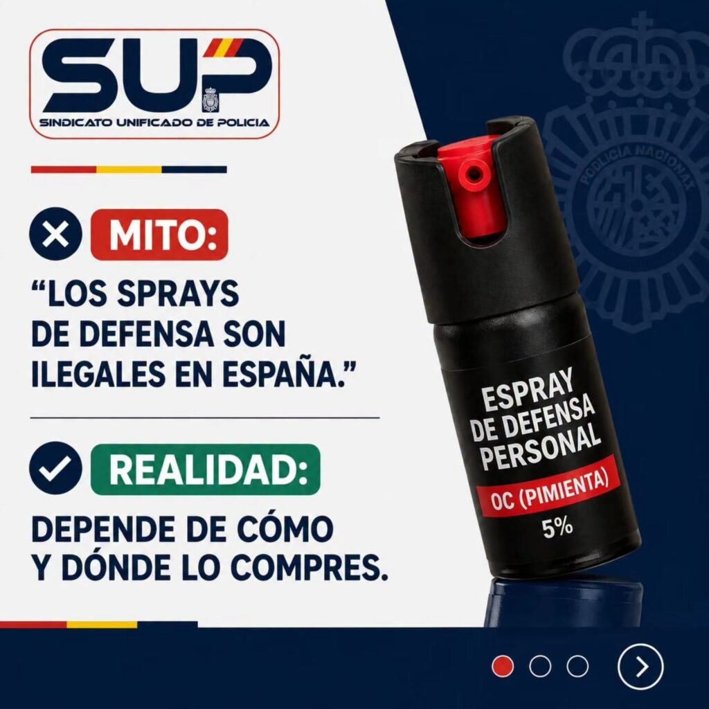 Infografía policial sobre el mito de la ilegalidad del espray de defensa personal legal en España, mostrando un bote de gas pimienta al 5% junto a un texto explicativo que aclara que su legalidad depende del lugar de compra.