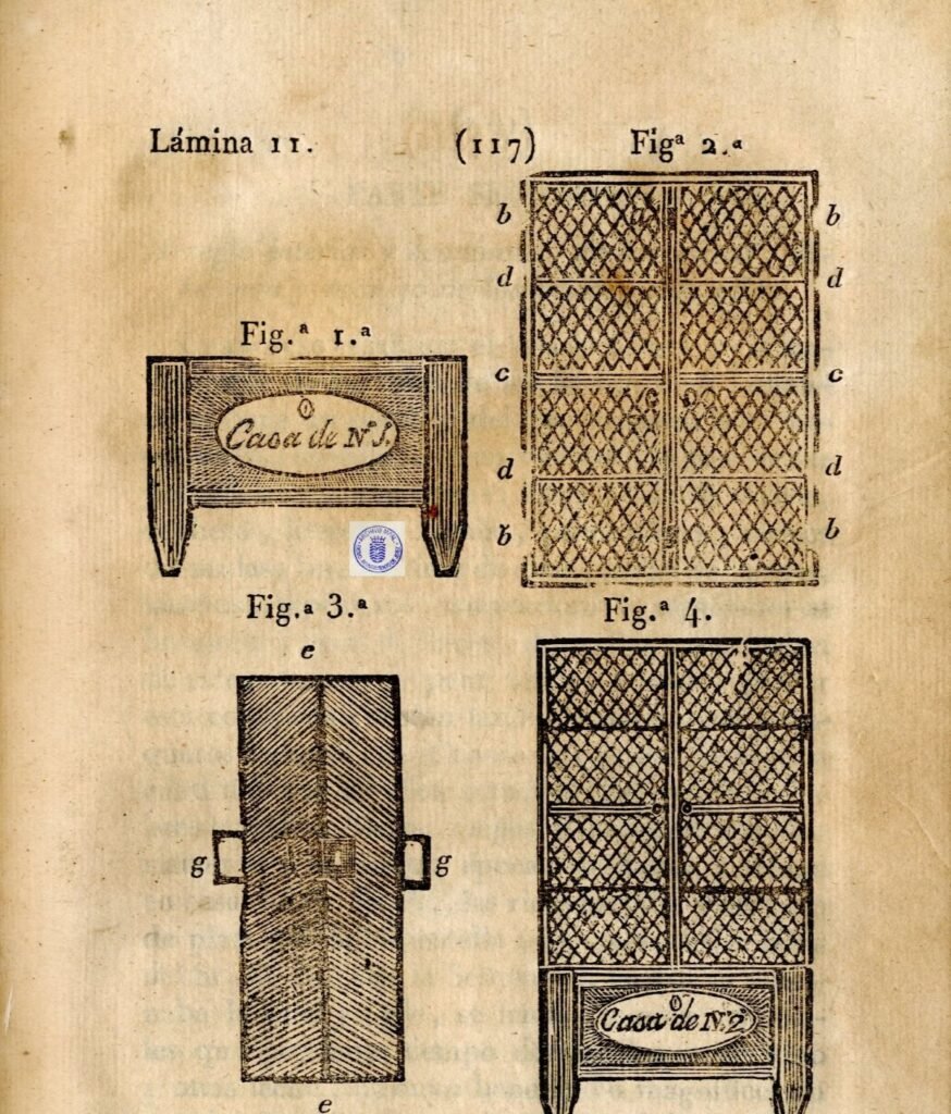 Grabado antiguo de la Lámina 11 del manual de Froilán Troche que muestra los diseños técnicos y alzados de un arca de madera etiquetada como Casa de Número 1 y armarios con puertas derejilladas para archivar documentos.