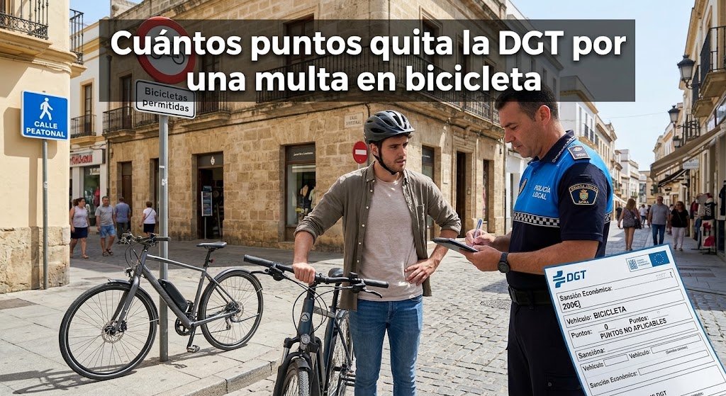 Agente de la Policía Local imponiendo una sanción a un ciclista en el centro histórico de Jerez, junto a un boletín que aclara cero puntos de sanción.