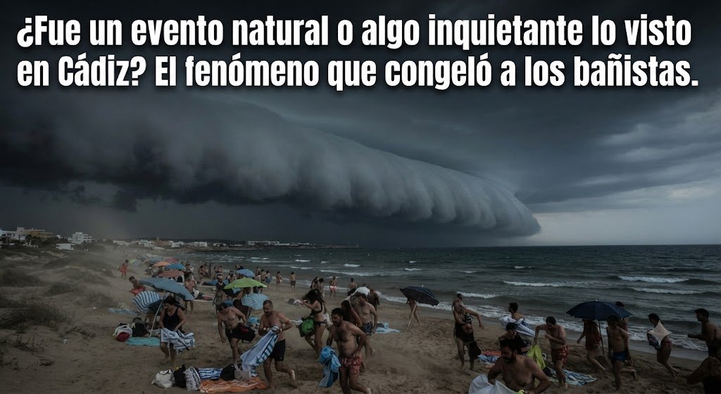 Bañistas huyendo de la playa de Cádiz ante la llegada de una nube rodillo gigante que oscurece el cielo.