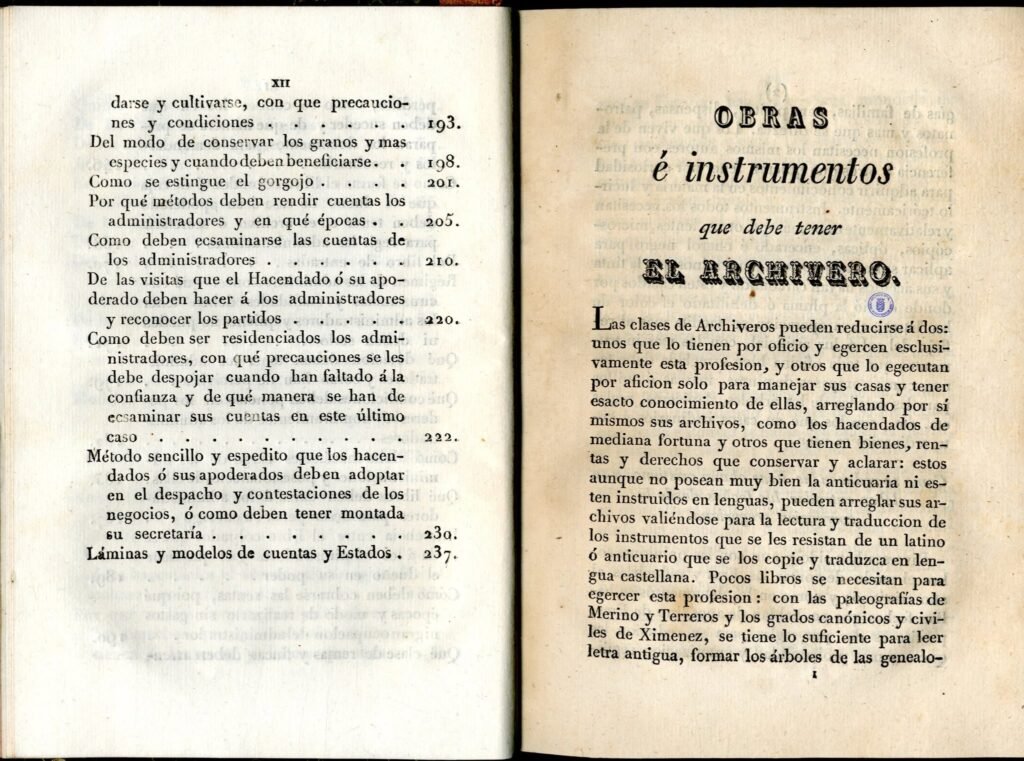 Páginas impresas del manual de Froilán Troche que muestran el final del índice temático y el inicio de la sección titulada Obras e instrumentos que debe tener el archivero, detallando los tipos de archiveros por oficio y afición.