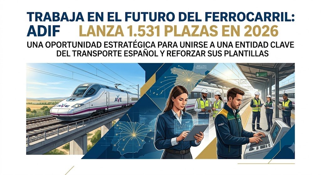 Empleados trabajando en instalaciones de Adif y tren de alta velocidad AVE durante el proceso de selección de la oferta de empleo público 2026.