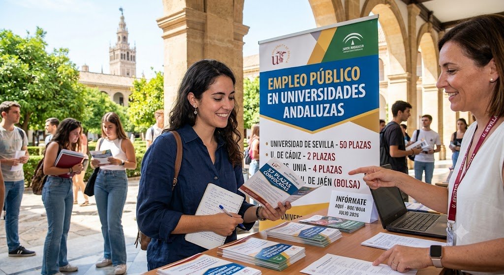 Fotografía en un patio de estilo andaluz de la Universidad de Sevilla, donde una joven estudiante sonríe mientras revisa folletos y toma notas en un estand informativo. Un cartel enrollable detrás de ella dice en español: 'EMPLEO PÚBLICO EN UNIVERSIDADES ANDALUZAS'. El cartel enumera las vacantes: 'UNIVERSIDAD DE SEVILLA - 50 PLAZAS', 'U. DE CÁDIZ - 2 PLAZAS', 'U. UNIA - 4 PLAZAS', 'U. DE JAÉN (BOLSA)'. Una mujer al otro lado de la mesa le señala el cartel y la documentación. El patio tiene arcos de piedra y naranjos, con la torre de la Giralda visible al fondo bajo un cielo azul.