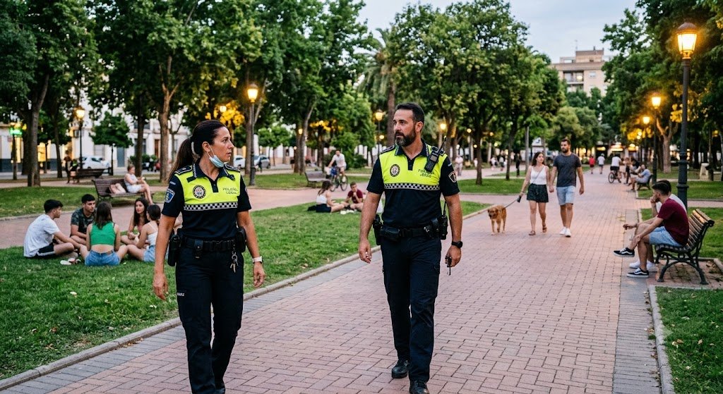Agentes de Policía Local realizando labores de vigilancia en un parque urbano para prevenir el consumo de alcohol en la vía pública.