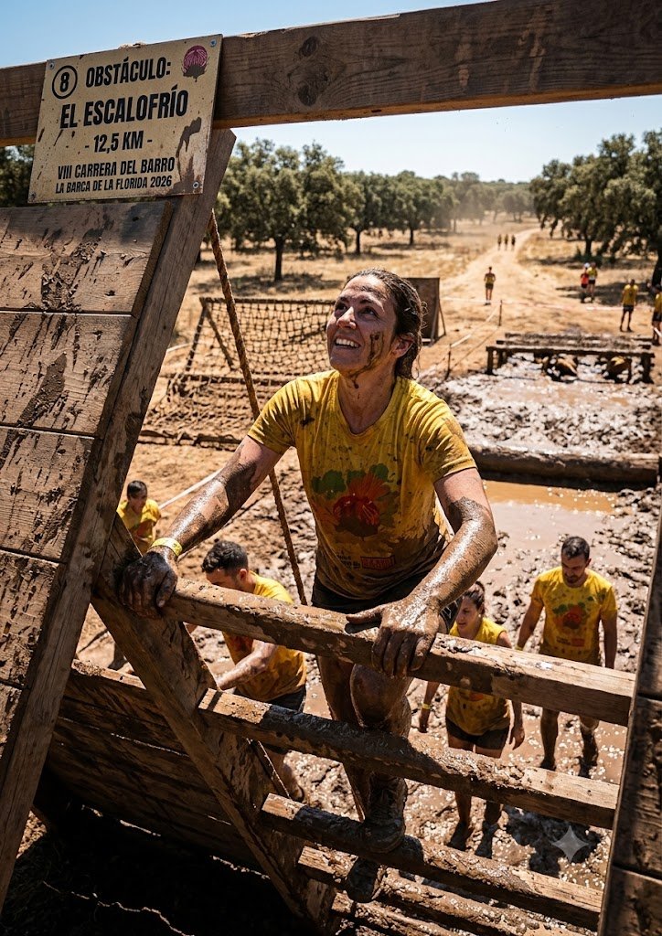 Una corredora sonriente cubierta de barro trepa una estructura de madera en la zona rural durante la Carrera del Barro de La Barca, con más participantes al fondo en un circuito de lodo.