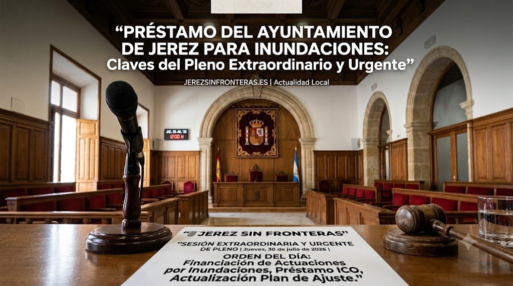 Salón de plenos del Ayuntamiento de Jerez preparado para la sesión extraordinaria sobre el préstamo por inundaciones.