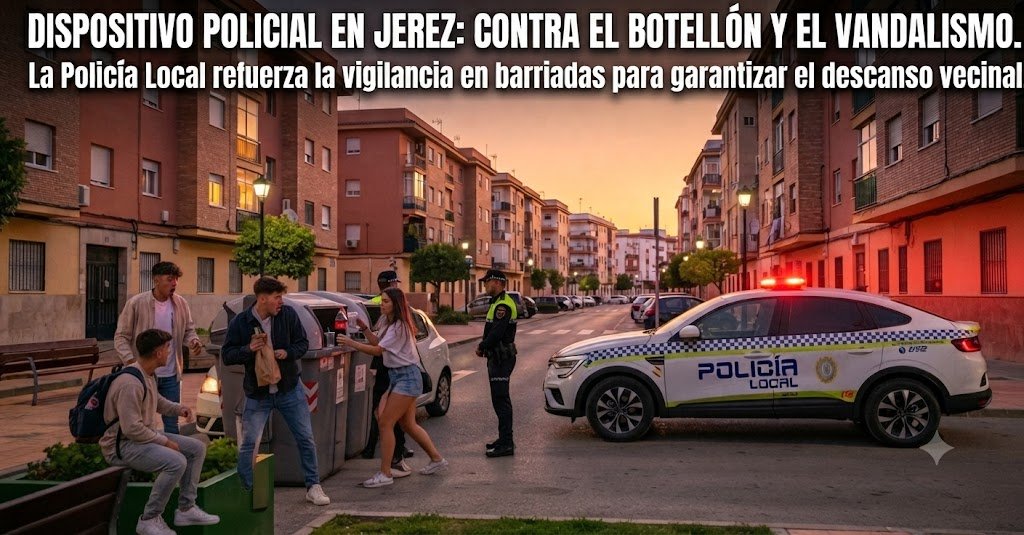 Dos agentes de la Policía Local de Jerez, con uniforme y chalecos reflectantes, hablan con un grupo de jóvenes sorprendidos junto a contenedores y un coche patrulla en una calle residencial al atardecer.