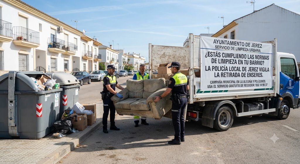 Agentes de la Policía Local de Jerez retirando un mueble voluminoso de la vía pública durante una campaña de vigilancia en la barriada de La Alegría.