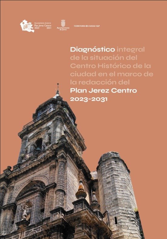 Portada del documento técnico sobre el estado del casco histórico jerezano con la torre catedralicia sobre fondo color tierra.