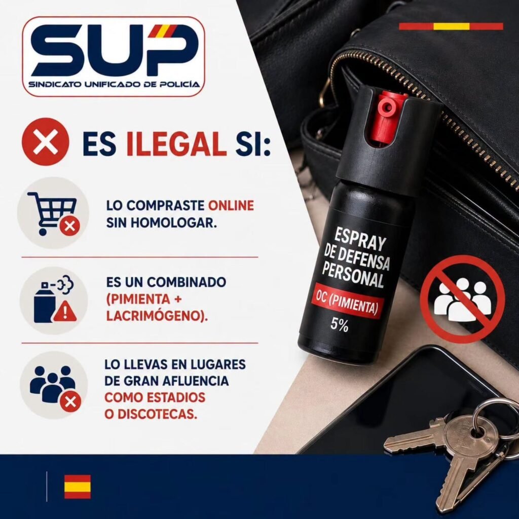 Infografía policial del Sindicato Unificado de Policía sobre prohibiciones de un espray de defensa personal legal: se detalla que es ilegal si se compra online sin homologar, si es un combinado de pimienta y lacrimógeno, o si se porta en lugares de gran afluencia.