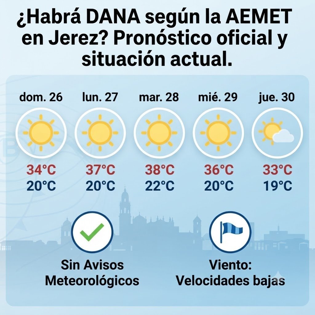Gráfico con el pronóstico meteorológico para Jerez de la Frontera que muestra cielos despejados, temperaturas entre 20°C y 38°C, y ausencia de avisos por DANA según la AEMET.
