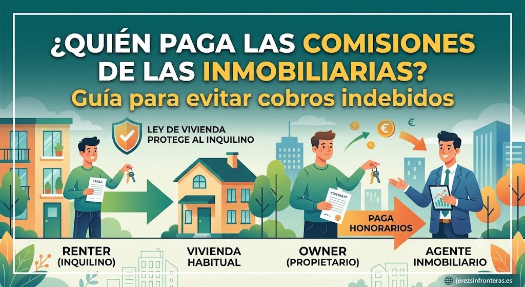 Infografía explicativa sobre quién debe pagar las comisiones de la inmobiliaria según la Ley de Vivienda, mostrando la relación entre inquilino, propiedad habitual, propietario y agente inmobiliario.
