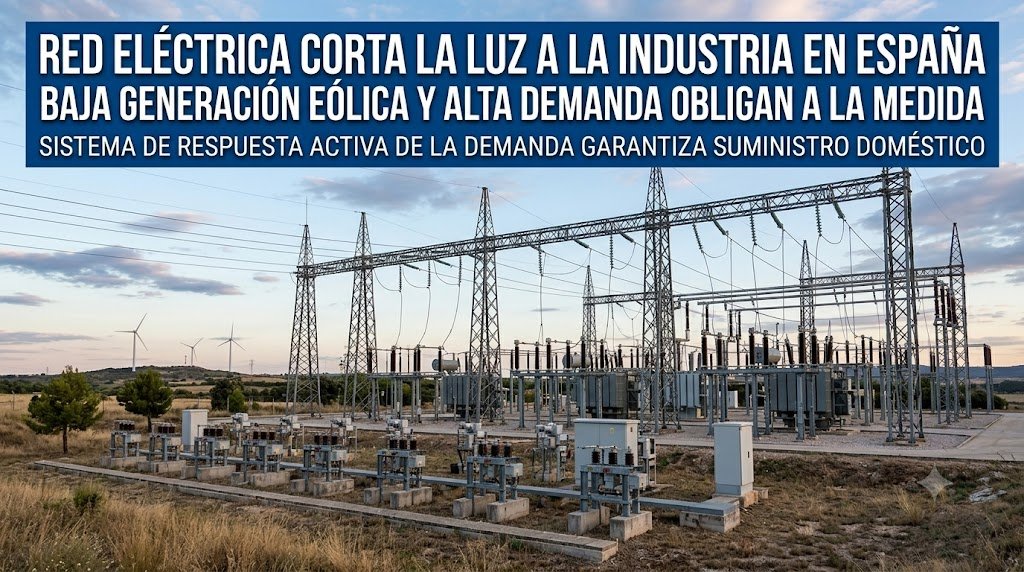 Una subestación eléctrica en un paisaje rural de España con torres de alta tensión, equipos de transformación y aerogeneradores al fondo bajo un cielo parcialmente nublado. Un cartel informativo azul en la parte superior tiene texto en blanco que dice 'RED ELÉCTRICA CORTA LA LUZ A LA INDUSTRIA EN ESPAÑA' y subtítulos detallando las causas técnicas de la baja generación eólica y el mecanismo de respuesta a la demanda.