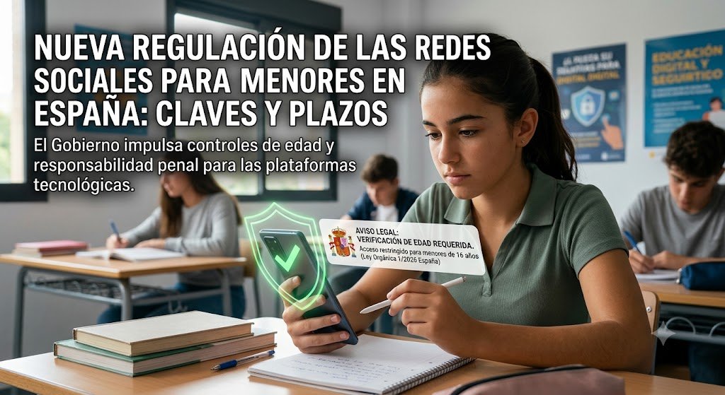 Alumna en un aula utilizando un dispositivo móvil que muestra un aviso legal de verificación de edad obligatoria, conforme a la nueva regulación española.