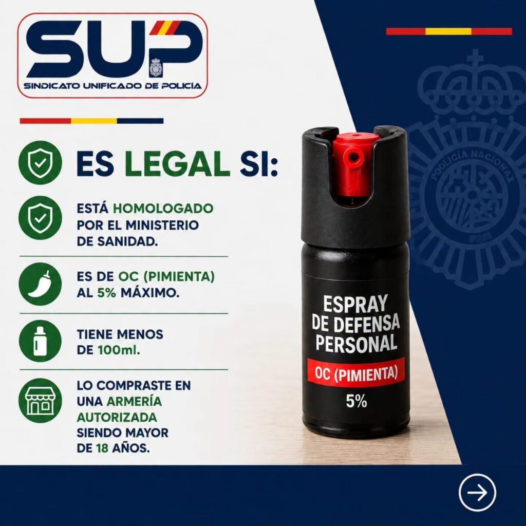Infografía detallada del Sindicato Unificado de Policía que enumera los requisitos de un espray de defensa personal legal: homologación de Sanidad, composición de gas pimienta al 5%, envase menor a 100 mililitros y compra en armería autorizada para mayores de 18 años.