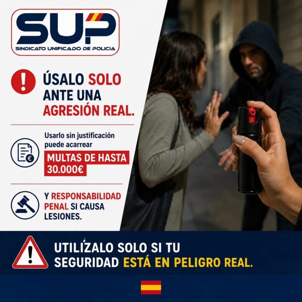 Infografía del Sindicato Unificado de Policía sobre el uso correcto de un espray de defensa personal legal, advirtiendo de multas de hasta 30.000€ y responsabilidad penal, junto a la imagen en primer plano de una mano sujetando el bote de gas pimienta frente a un agresor encapuchado.