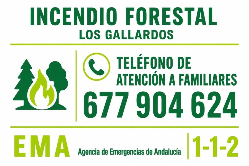 Infografía con el teléfono de atención a familiares habilitado por el GIPED para el incendio forestal en Los Gallardos.