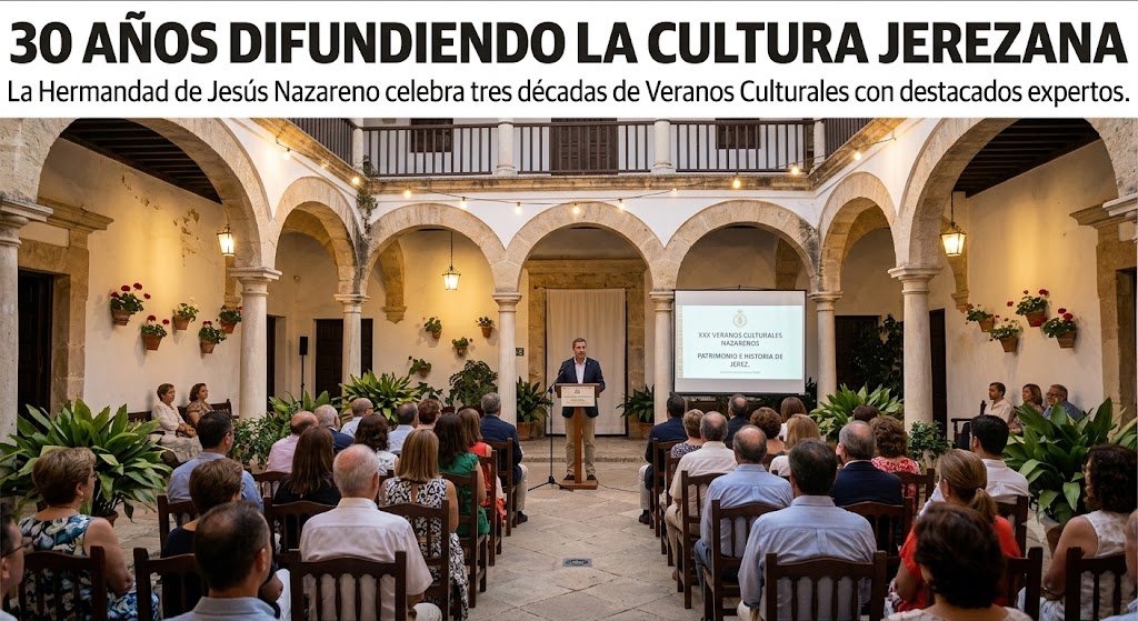 Conferencia ficticia en el patio de la Capilla de San Juan de Letrán durante la celebración de los Veranos Culturales Nazarenos en Jerez.