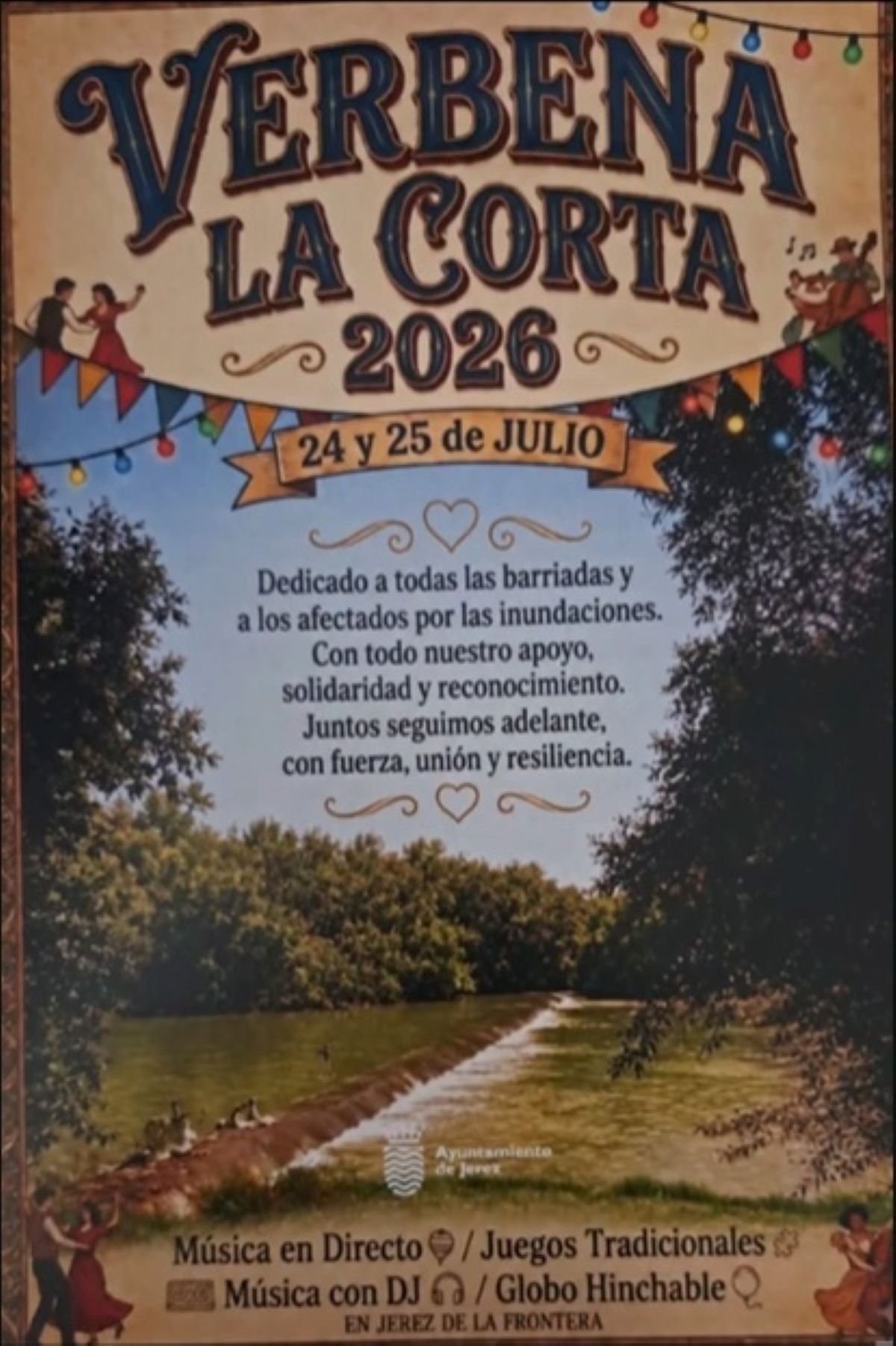 Cartel anunciador de la Verbena de La Corta 2026 en Jerez de la Frontera, del 24 y 25 de julio, dedicado a los afectados por las inundaciones con actividades como música en directo, DJ, juegos tradicionales y globo hinchable.