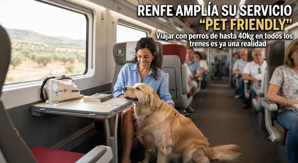 Pasajera viajando cómodamente con su perro de raza Golden Retriever en un asiento de tren Renfe, con espacio adaptado y kit de viaje.