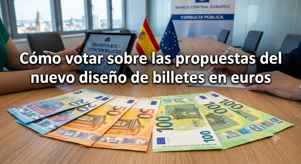Billetes de euro extendidos sobre una mesa junto a una tablet con la encuesta del Banco Central Europeo para votar el nuevo diseño.