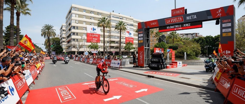 Un ciclista profesional en una contrarreloj de la Vuelta a España pasa por delante de las icónicas barricas de vino apiladas en Jerez de la Frontera, cerca de la Plaza del Caballo, con la Avda. Alc. Álvaro Domecq a la izquierda.