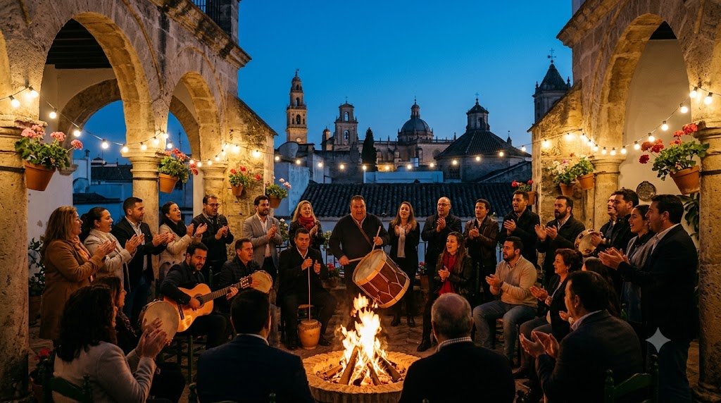Grupo de personas celebrando una zambomba tradicional en un patio jerezano al atardecer, con una hoguera, instrumentos flamencos y la catedral de Jerez al fondo.