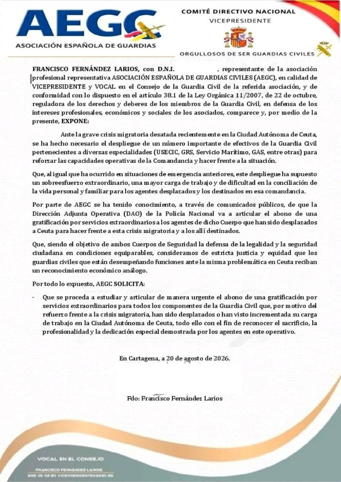 Documento oficial firmado por la Asociación Española de Guardias Civiles exigiendo una gratificación económica equitativa por el despliegue en la crisis migratoria de Ceuta.
