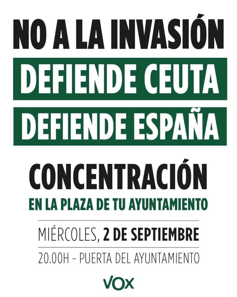 Cartel de VOX convocando a una concentración en el Ayuntamiento de Jerez bajo los lemas No a la invasión y Defiende Ceuta.