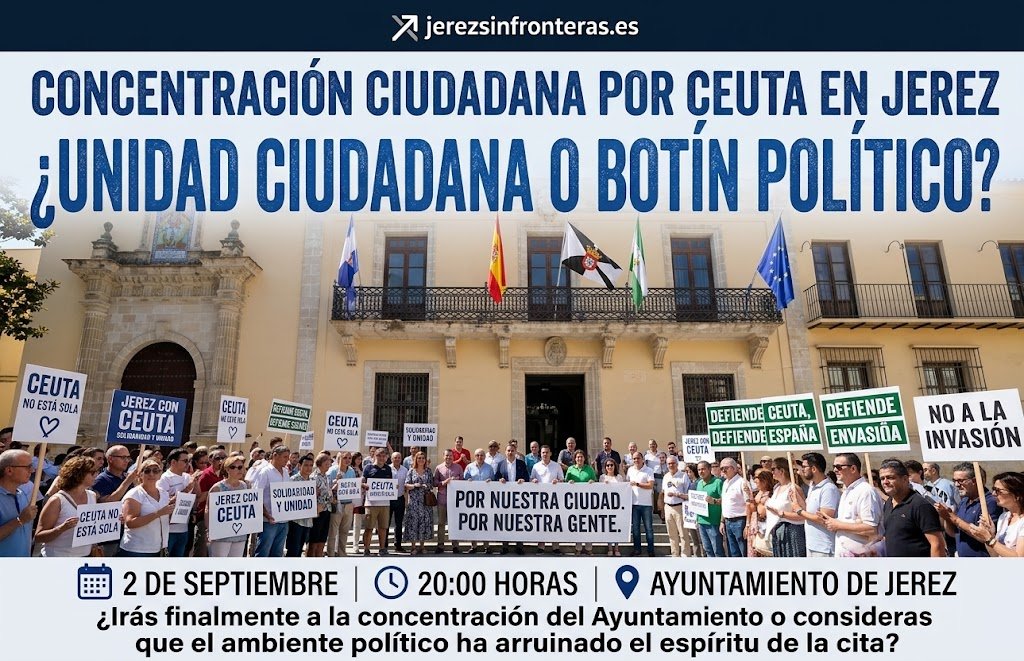 Cartel digital para web con la fachada del Ayuntamiento de Jerez y manifestantes portando pancartas con mensajes contrapuestos de apoyo a Ceuta y consignas políticas.
