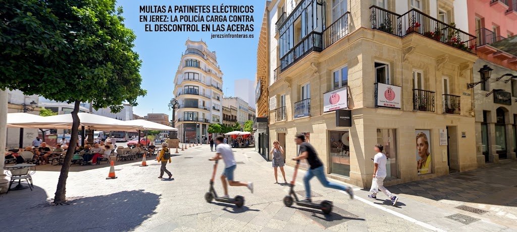 Conductores circulando en patinete eléctrico a gran velocidad por una calle peatonal del centro de Jerez.