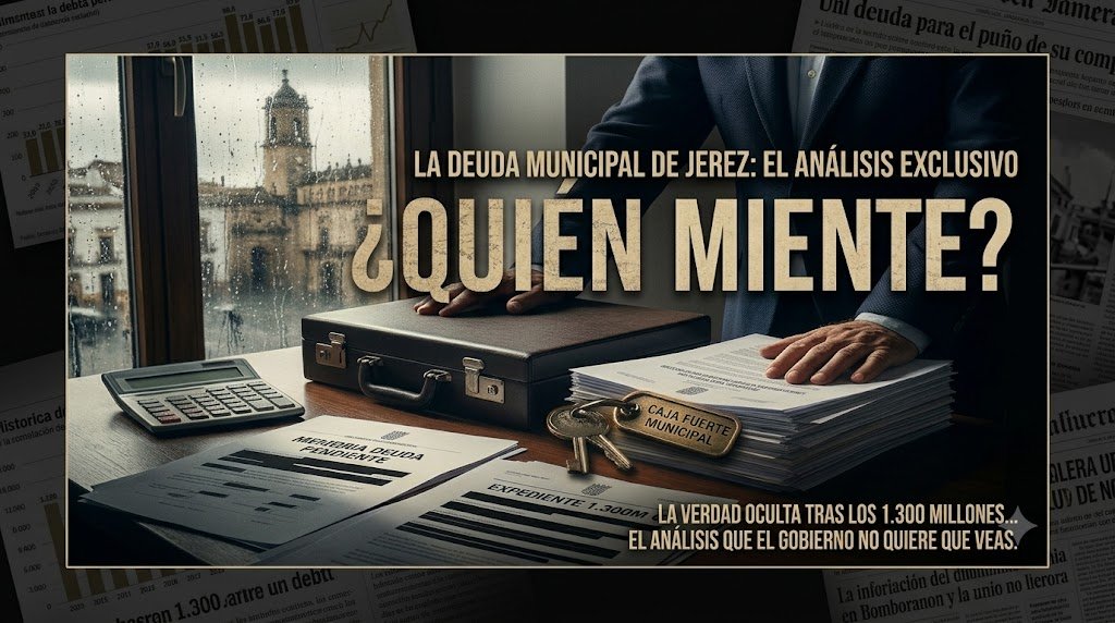 Ilustración conceptual sobre la deuda municipal de Jerez con expedientes financieros, calculadora y llaves de caja fuerte sobre una mesa de despacho.