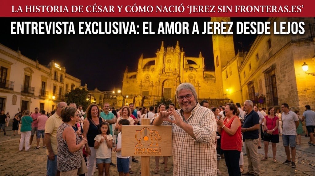 Cartel promocional de la entrevista exclusiva «El Amor a Jerez desde Lejos», mostrando a César Pérez Pacheco en la Plaza de la Asunción de noche con la Catedral de Jerez iluminada al fondo, rodeado de gente y sosteniendo un cartel de madera con el logo de JerezSinFronteras.es.